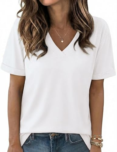 Aottori Maglietta Donna Scollo a V Manica Corta Maglia Estiva Elegante Ampia Tee Shirt Leggero Moda Top Basic Tinta Unita T Shirt Traspirante Morbido Bianco L