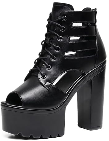Scarpe Donna Platform con Tacco Largo e Lacci, Stivaletti Peep Toe Stile Gothic Y2K per Concerti e Serate Eleganti