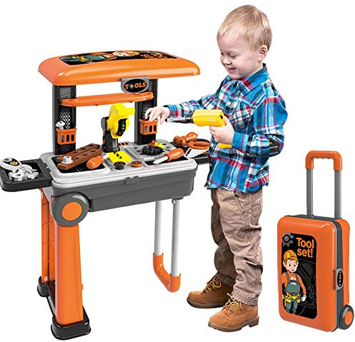 Giocattolo per Bambini Banco lavoro Richiudibile a Trolley con Attrezzi Accessori e Sega Circolare Dimensione 53 x 38 x 63 cm