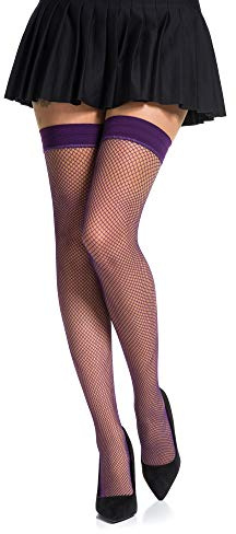 Romartex Fishnet Hold ups strumpor med slätt gummiband, 5 färger, storlekar S-L, Lila, L