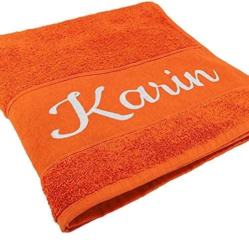 Deitert Handtuch mit Namen oder Wunschtext Bestickt, personalisiertes Duschtuch, individuelles Badetuch, 100% Baumwolle, 180 x 100 cm orange