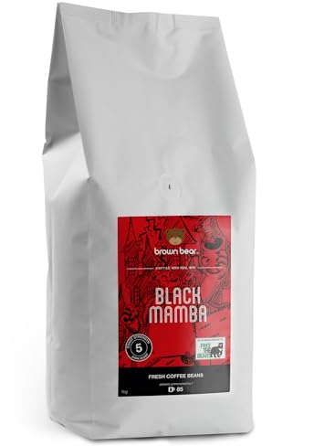 Black Mamba High Cafeine Robusta Blend Coffee Beans, nuestro café más fuerte de la historia, oso marrón, tostado oscuro extra fuerte, fuerza 5, 1 kg, adecuado para todas las máquinas de café
