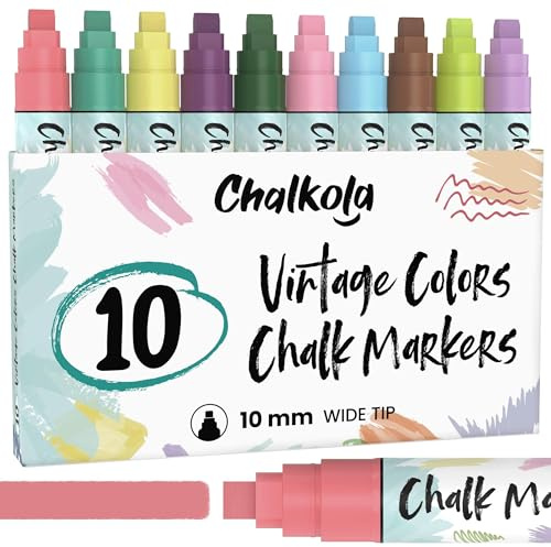 Chalkola 10 mm vindruta markörer – 10 vintage färgade kritpennor – 10 mm bred spets – tvättbara flytande kritpennor för tavla, svarta tavla, fönster, glas, bistro, våtraderbara billackmarkörer