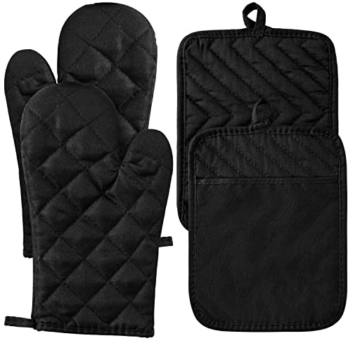 R HORSE 4Pcs Oven Mitts Pot Holders Set for Kitchen, Cotton Lining Heat Resistant Oven Gloves Black Kitchen Mittens Hot Pads Pot Holder with Pocket & Hanging Loop Trivets for Cooking Baking Grilling
