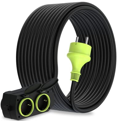 MutecPower 20m Verlängerungskabel mit 4 schuko steckdosen für den aussenbereich IP44 H05RR-F3G 1,5mm² verlängerung mit 4 schutzkontakt buchsen 4-Fach Outdoor verteiler 20 Meter schwarz/grün