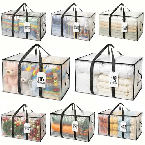 ClearSpace Oversized Storage Bags – Large Packing Bags with Backpack Straps, Zippers & Handles – Heavy-Duty Bags for College Dorm, Christmas Decorations, 8 Pack