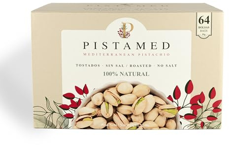 PISTAMED - Pistacchi sgusciati - Senza Sale - Tostati Artigianali - Alto Contenuto di Fibre - Diete Vegetariane e Vegane - Scatola: 2,24 kg, Confezione da 64 buste da 35 g