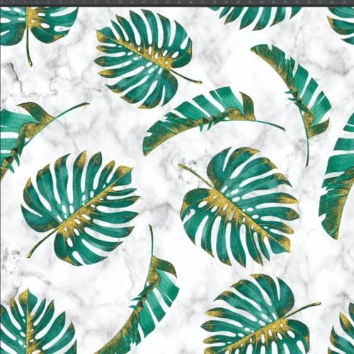 TEXTREND Meterware Jersey - Stoff zum Nähen - 100% Baumwolle - Textilien 1x1.75m - Einfarbiger Stoff - Verschiedene Farben (Grünes Gold monstera Blätter auf weißem Marmor Hintergrund)