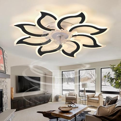 Stor taklampa med LED-fläkt för sovrum - Dimbar - Takfläkt med omvänd ljusriktning - Modern fjärrkontroll - Tyst lampa med blommafläkt