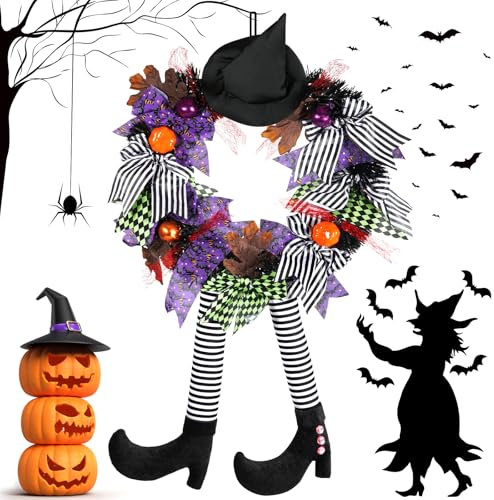 NEMMXUB 35cm Decoración de Corona de Halloween, Corona de Bruja de Halloween, Corona de Bruja con pies y Sombrero de Bruja y Calabaza, Corona de Halloween, Decoración Puerta Halloween para Casa