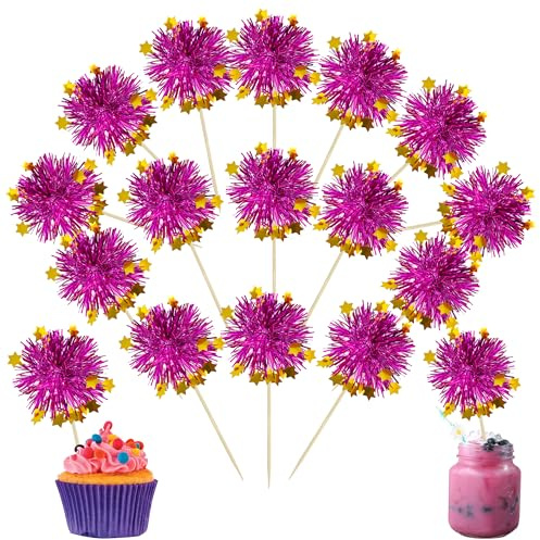 Ephlyn 30Pcs Foil Firework Cupcake Toppers Party Birthday Cake Toppers Supplies Sparkle Tinsel Cocktail Fruit Toothpick for Birthday Wedding Graduation Party Purple