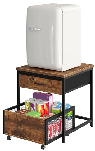 CHOEZON End Table, 19.7 Inch Square Side Table, Mini Fridge Stand with Storage, Nightstand with Mobile Basket Cart, for Living Room, Bedroom, Rustic Brown and Black TBZ55BF