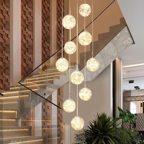 KAUCQI LED Chandelier, 10 Glass Ball Staircase Pendant Light, Gypsophila Long Hanging Lights, Adjustable Length Chandeliers, Modern Ceiling Lights in The Villa, Stairwells and Living Room