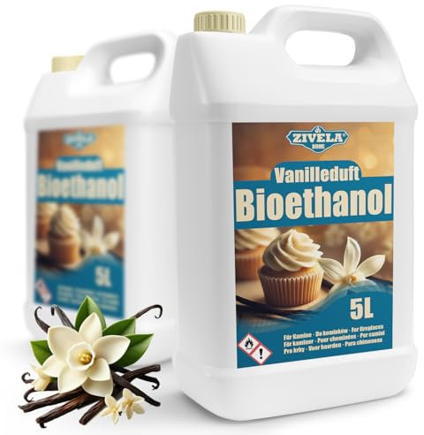 ZIVELA Bioetanol 96,6% 10L | Alcohol orgánico aroma vainilla 96,6% 2 x 5 l | Chimenea de bioetanol con combustión limpia, sin humo, llama viva y especial para chimeneas ecológicas