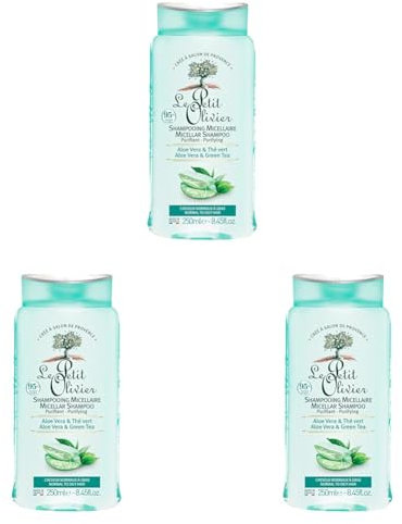 LE PETIT OLIVIER - Shampooing Micellaire Soin Purifiant - Aloe Vera & Thé Vert - Purifie & Allège - Cheveux Normaux À Gras - Sans Silicone/Sulfate - Fabriqué en France - 250 ml (Lot de 3)