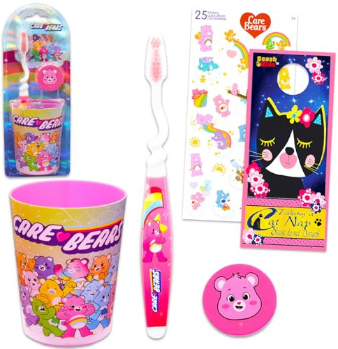 Care Bears Kids Toothbrush and Cup Kit - Official, Multicolor, Manual Toothbrush, Cup, Stickers, Cat Door Hanger, Ages 3+