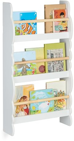 Relaxdays Bokhylla moln 3 fack, barnbokhylla hängande (H x B x D) 80 x 42,5 x 14 cm barnrum moln vit natur