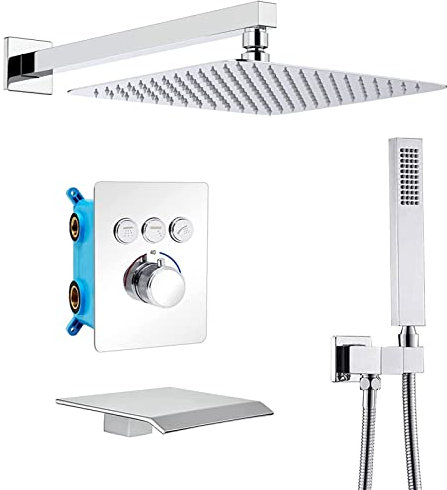 Grifo Mezclador baño, Mezclador Ducha Empotrado, Cabezal Ducha Lluvia Cuadrado y Juego Manguera, Juego Mezclador Ducha con caño Cascada