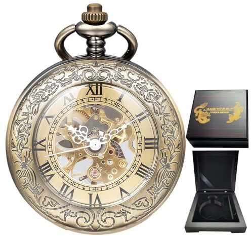 DerMacht Mechanical Pocket Watch with Antique Wooden Box, for Men Women Special Magnifier Half Hunter Engraved Case with Antique Wooden Box