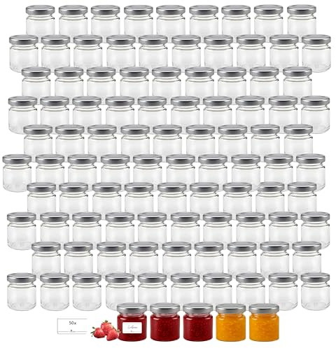 mikken Lot de 100 mini bocaux à confiture 53 ml avec couvercles argentés et étiquettes – Petits bocaux pour confiture, miel, cadeaux, bricolage et stockage (100)