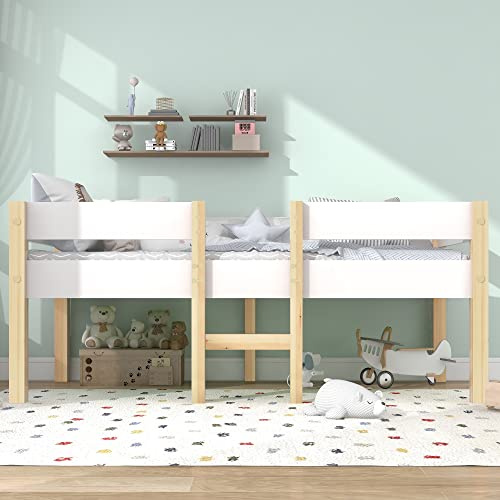 Aunvla Säng barnsäng med skydd, furu massivt trä – 90 x 190 cm vit och ek