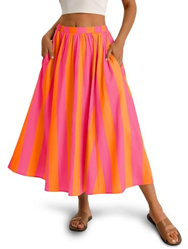 Cicy Bell Womens Summer Striped Maxi Skirts A-Line Elastic Waist Flowy Skirt Beach Vacation Outfits Pink