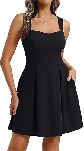 Belle Poque Vestido de verano para mujer con tirantes en línea A, cuello en V cuadrado, espalda abierta, elegante vestido con bolsillos