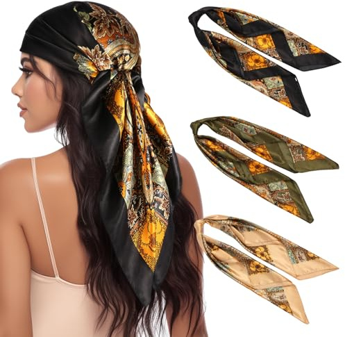 VBAEI 3 Pcs Satin Head Scarves for Women - 35 Satin Hair Scarves Large Square Silk Like Scarves & Bandanas (Black,Deep Green,Camel)