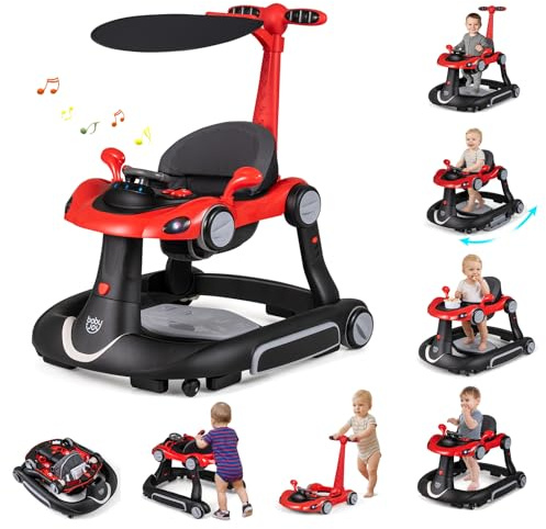 GIANTEX Gånghjälp för Barn 7–18 månader 7 i 1, Baby Walker med tak, lekbricka, speldosa, ljus, första steg hopfällbar, justerbar höjd och hastighet, skjutvagn (svart + röd)