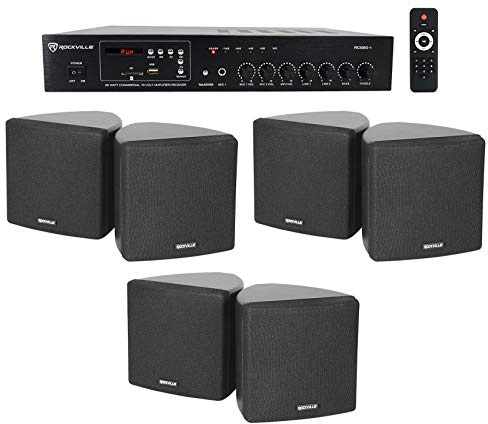 Rockville Commercial Audio Bundle: 3 Pair Cube 70v Black 3.5 Swivel Wall Mount Speakers, RCS80-1 60-Watt 70 Volt Amplifier with Bluetooth, 4-Items