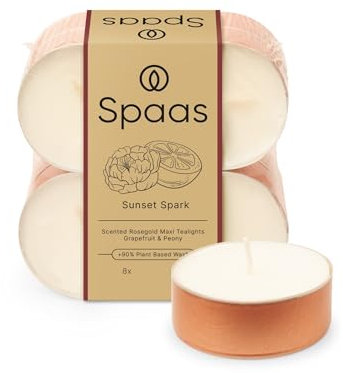 Spaas Maxi Scented Tealights in Rose Gold Cup flatpack x8 10h, Sunset Spark