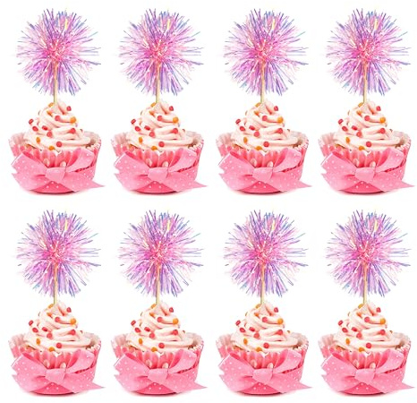 30PCS Foil Firework Cupcake Toppers, Happy Birthday Pink Cake Toppers, Sparkle Tinsel Flower Drink Stirrers Cocktail Food Fruit Toothpicks for Xmas Party Birthday Wedding Ceremony