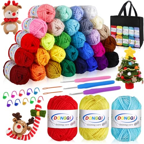 Acrylwolle Set, 30 Farben Wolle Set, Strickwolle aus Acryl, Wolle mit 3 Häkelnadeln, Wolle zum Stricken zur Herstellung von Haustierkleidung, Plüschtiere, Häkeln und Häkeln (25g)
