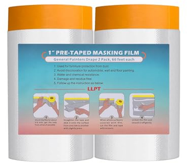 LLPT Tape and Drape Pre-Taped Masking Film 2 Packs-140cm(Unfolded) x 20m | Orange Washi Versatile Painter's Plastic Dust Sheets for Auto Wall Furniture Painting and Spraying Protection