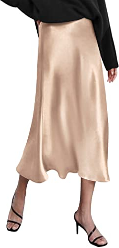 Zeagoo Damen Satin Rock Lang Hohe Taille Skirt Elegant Seide Midirock Herbst Midi Business Rock Helles Khaki M