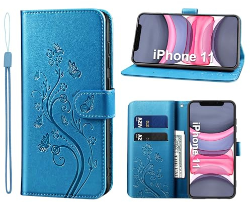 KRAFTCARE Läderskal kompatibelt med iPhone 11, flip plånboksfodral med kortfack och stativ, premium PU-läder, vikbart fodral för iPhone 11, blått | Premium PU-läder med prägling, kortfack, stativ, magnetisk stängning, RFID-blockering, flip plånbok mobilskal, blå