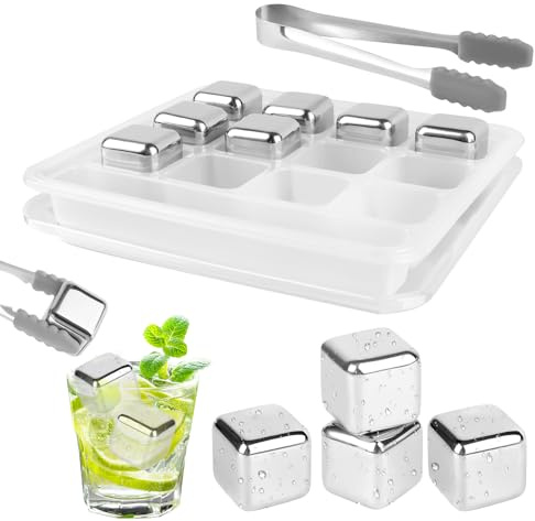 VFANDV Pierres à Whisky, 12 Pièces Glaçons en Acier Inoxydable Réutilisables, Glaçons Congelés en Acier Inoxydable avec Clip de Glace en Silicone, Glacon Whiskey Pour Vin, Jus de Boisson ou Limonade