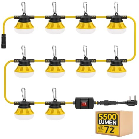 HYANGLUX Outdoor LED String Lights: 72FT/22M Linkable Hanging Work Light with Switch & 10 Bulbs CE Listed Bright Outside Home Temporary Lighting for Patio Camping Attic Garage Deck Porch Yard