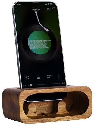 Navaris Wooden Phone Stand - Acacia Wood Phone Stand for Desk - Enhanced Sound with Built-in Amplifier - Portable Bed Desktop Stand - Wooden Mobile Phone Holder w Charger Cut-Out
