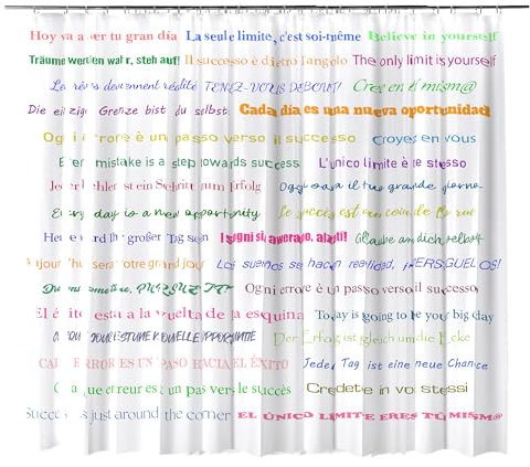 Morblan Rideau de douche, de salle de bain, PEVA, anti-moisissure, imperméable, rideau écologique, motif phrases motivantes, 180 cm de large x 200 cm de haut, crochets inclus.