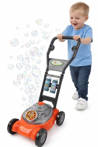 Bubble Power Lawn Mower Kids' Toy, Bubble Blowing Push Lawn Mower with 2 Bottles