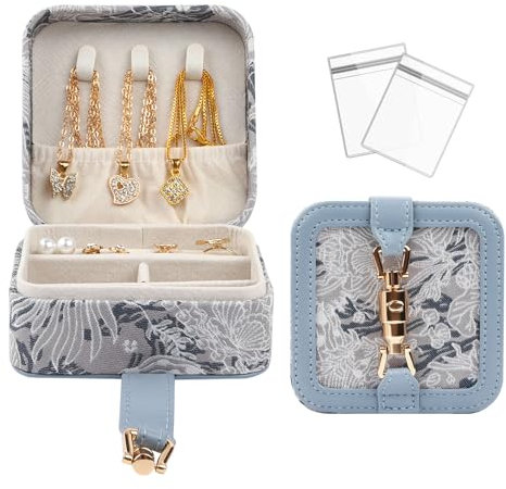 Travel Jewelry Box for Women, Floral Embroidery Vintage Jewelry Organizer, Portable Compact Jewelry Case with Secure Clasp & Velvet Lining, Gift Idea (Blue)