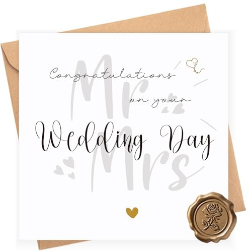 Mr & Mrs Wedding Day Card Congratulations for Bride & Groom Minimalist Design with Kraft Envelope and Embossed Seal Sticker - 150x150mm