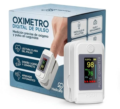 Medicaly - Oximetro Dedo Profesional con Pantalla OLED - Pulxiosimetro Medidor de Saturacion de Oxigeno en Sangre y Frecuencia Cardiaca - Ligero y Portatil.