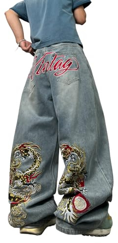 Zewool Men's Dragon Baggy Jeans Embroidered Denim Pants | Hip Hop, Y2k 2000s Jinco, Oversized, Skater Streetwear, Relaxed Loose Fit, Skateboard, Extra, Stylish, Casual
