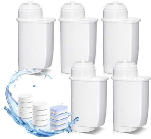 Filswa vattenfilter set 5 ersättningsfilter för Siemens kaffemaskiner | Inklusive 4 avkalkningstabletter 8 rengöringstabletter, kompatibla med EQ-serien, EQ6 Plus S700, EQ9 S900/S500, EQ700, EQ500