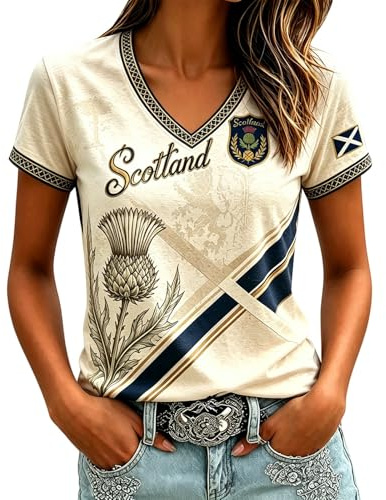 Skottland fotboll toppar kvinnor 2026 VM skjortor grafiska tryckta sport träningströjor lätt andningsbar England fotboll skjorta kortärmad v-hals damer fotboll t-shirt Skottland tröjor, 05#beige, M