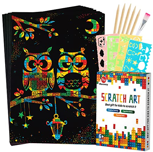 Mocoosy 60pcs Kratzbilder für Kinder, Regenbogen Magie Kratzpapier Blätter, Schwarz Kratzpapier für Kinder Zeichnen Kratzblöcke Notizen Kunst Basteln sets für Kids Jungen Mädchen Geschenke Alter 3-12
