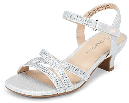 DREAM PAIRS Kids Sparkly Sandals | Wedding and dressy wear, sparkly straps, low heel, square toe, easy hook-loop closure, cushioned footbed