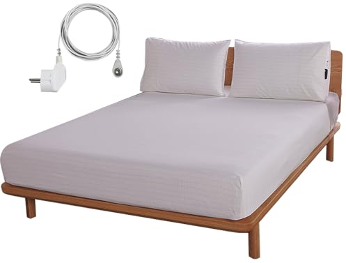HUNAIGEE Erdungs-Spannbetttücher Erdungsbettlaken 200x200cm Erdungslaken mit EU-Erdungsanschlusskabel Erdungsmatte Leitfähige für besseren Schlaf Bio Baumwolle Silberfaser Beige